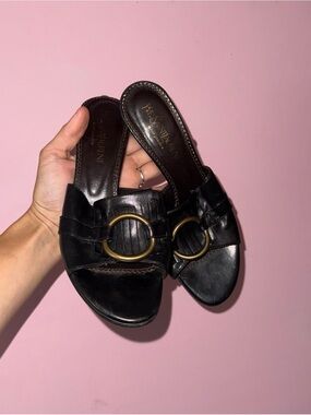 Saint Laurent Black Leather Slide Mules with Brass Ring Accent